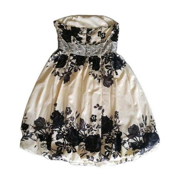 Forever 21 Women's Black Floral Beaded Waist Strapless Bubble Dress Size Medium - Picture 5 of 13